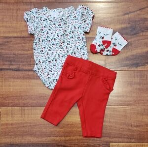 Janie and Jack EUC 0-3 months floral bodysuit, red ponte pants and floral socks